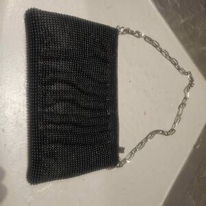 La Regale Black Beaded Clutch Bag w Silver Chain Strap